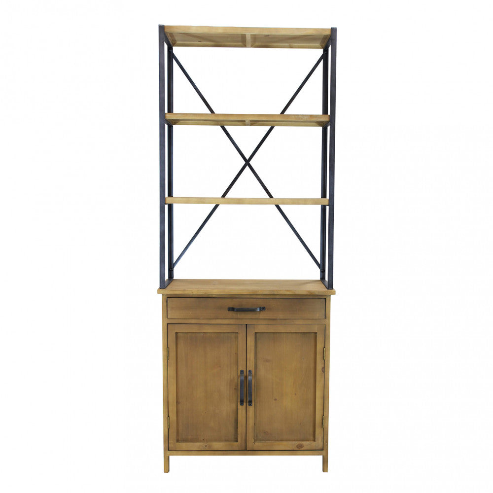 Vista Frontale Libreria Mobile Eugene in metallo nero e ripiani in legno marrone, stile industriale | Albert Stock