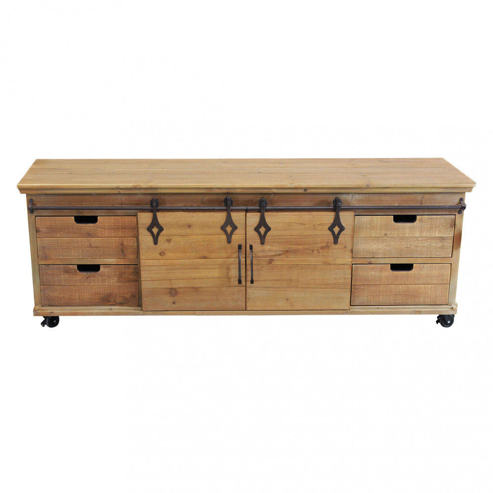 Vista Frontale Mobile Porta TV Clement con struttura in metallo e piano/dettagli in legno marrone, ideale per un soggiorno moderno e funzionale | Albert Stock