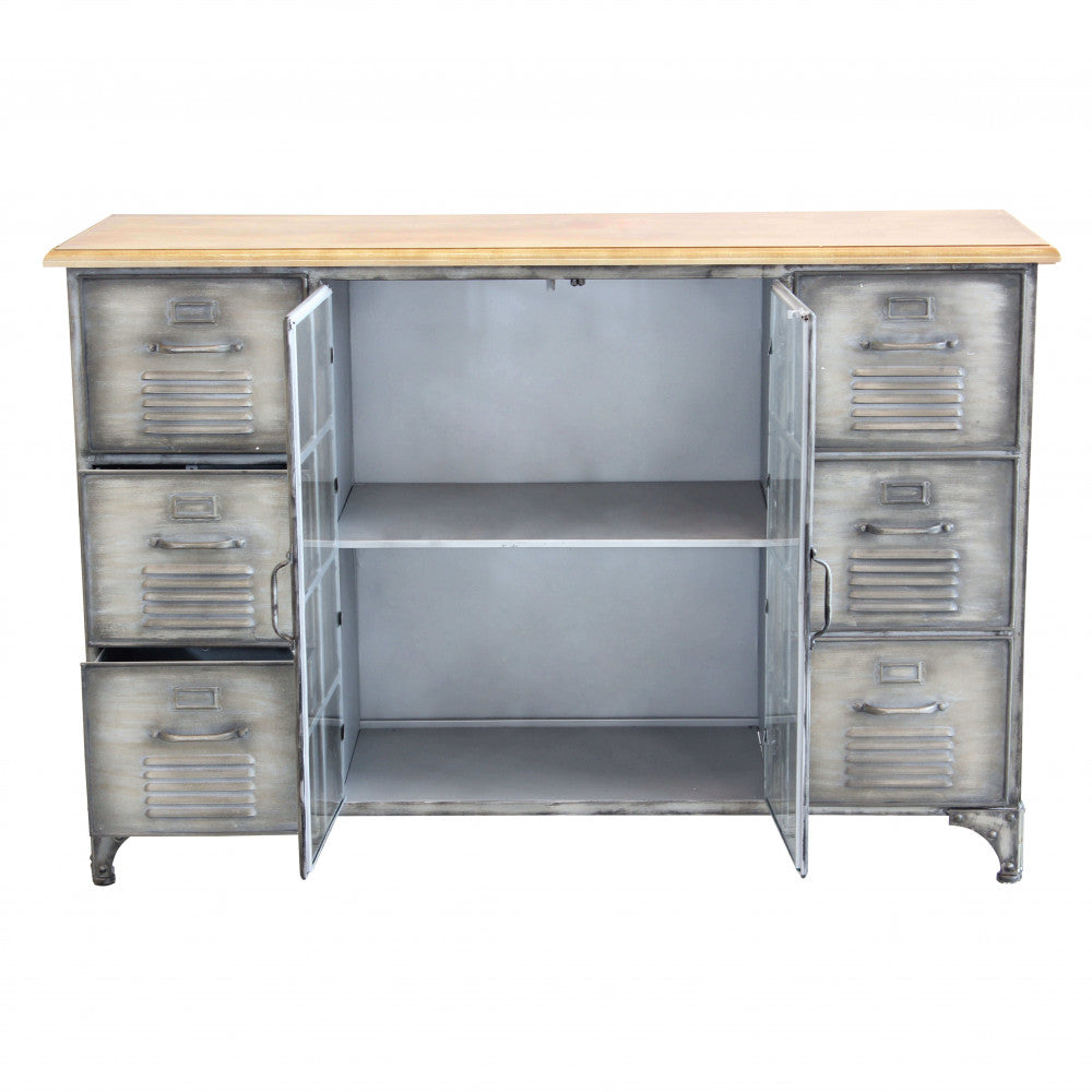 Vista Frontale Mobile Ernest credenza in legno grigio e struttura in acciaio antracite, stile industriale con ante e cassetti | Albert Stock