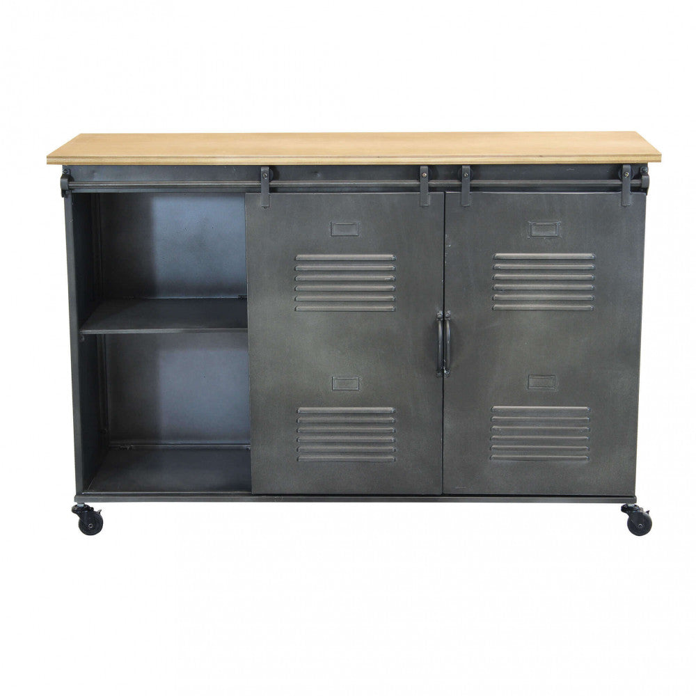 Vista Frontale Mobile Gabriel credenza in legno marrone e struttura in acciaio grigio, stile industriale con ante scorrevoli | Albert Stock