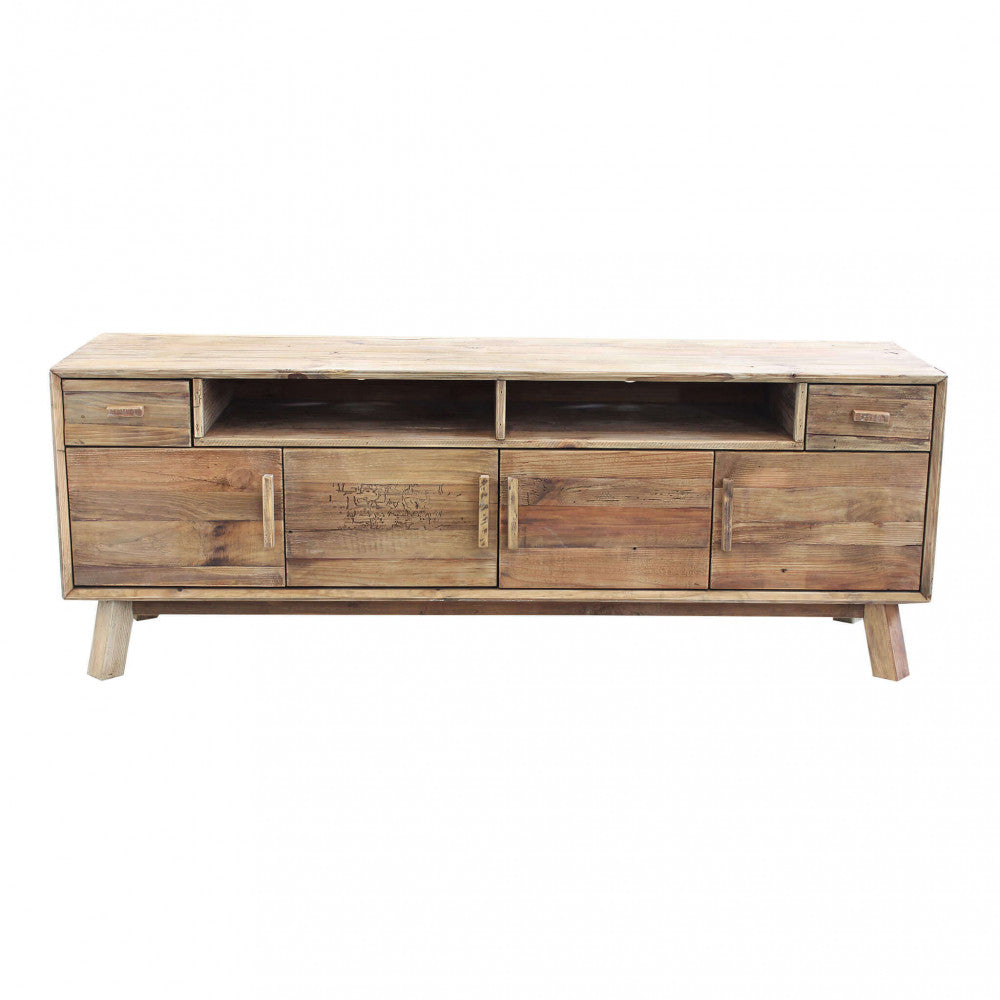 Vista frontale del Porta TV Ralph in pino riciclato colore marrone, con design rustico ed elegante, perfetto per televisori di grandi dimensioni nel soggiorno | Albert Stock