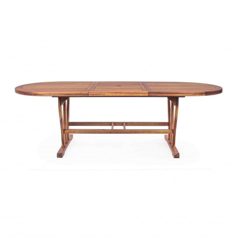 Vista Frontale Tavolo da giardino ovale Double allungabile 180/240x100 cm in legno di acacia massiccio, ideale per grandi spazi esterni | Albert Stock