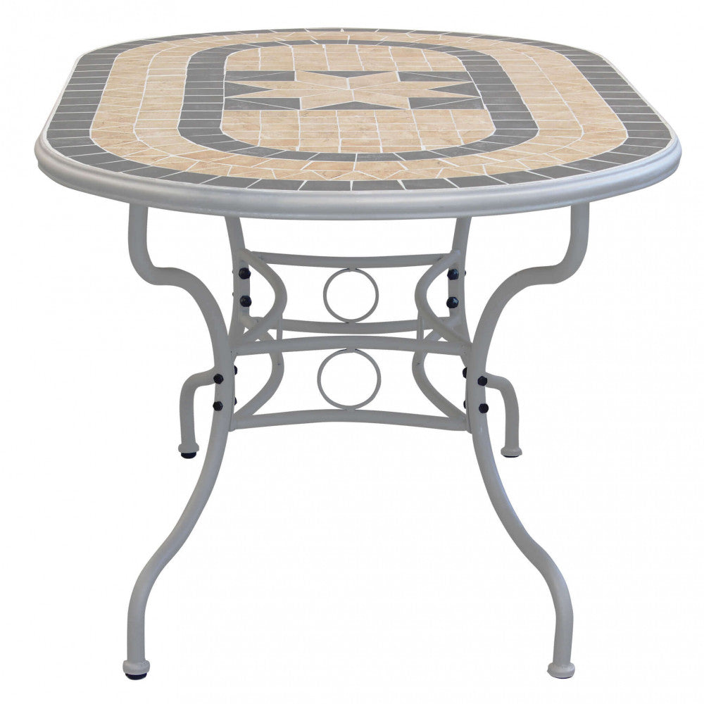 Vista Frontale Tavolo fisso per esterni Perse, con base in ferro verniciato tortora e piano ovale decorato, ideale per giardini e terrazze | Albert Stock