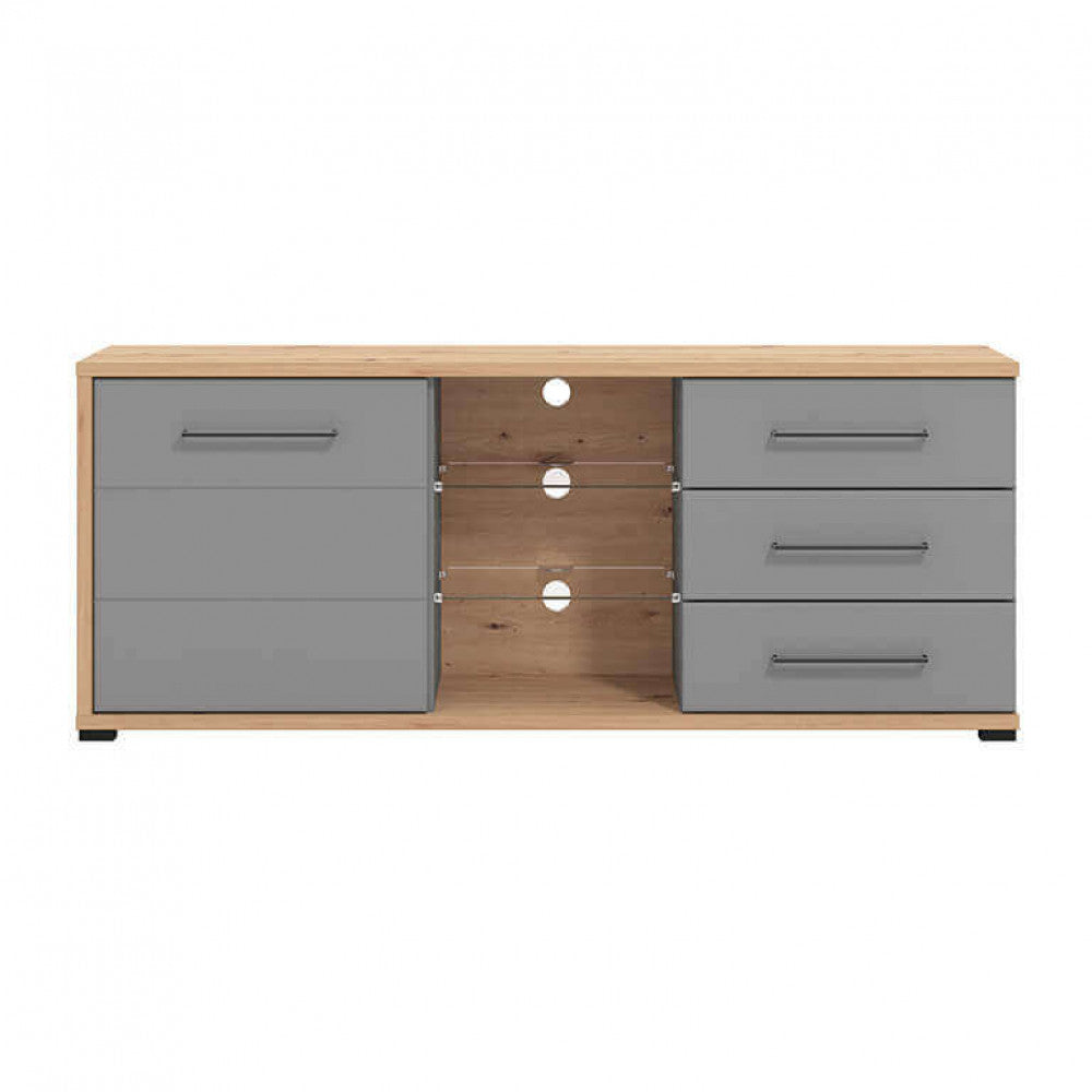 Vista frontale del TV Mensola Lisabon in rovere artigiano e grigio grafite, con design moderno e compatto, ideale per un soggiorno elegante e funzionale | Albert Stock