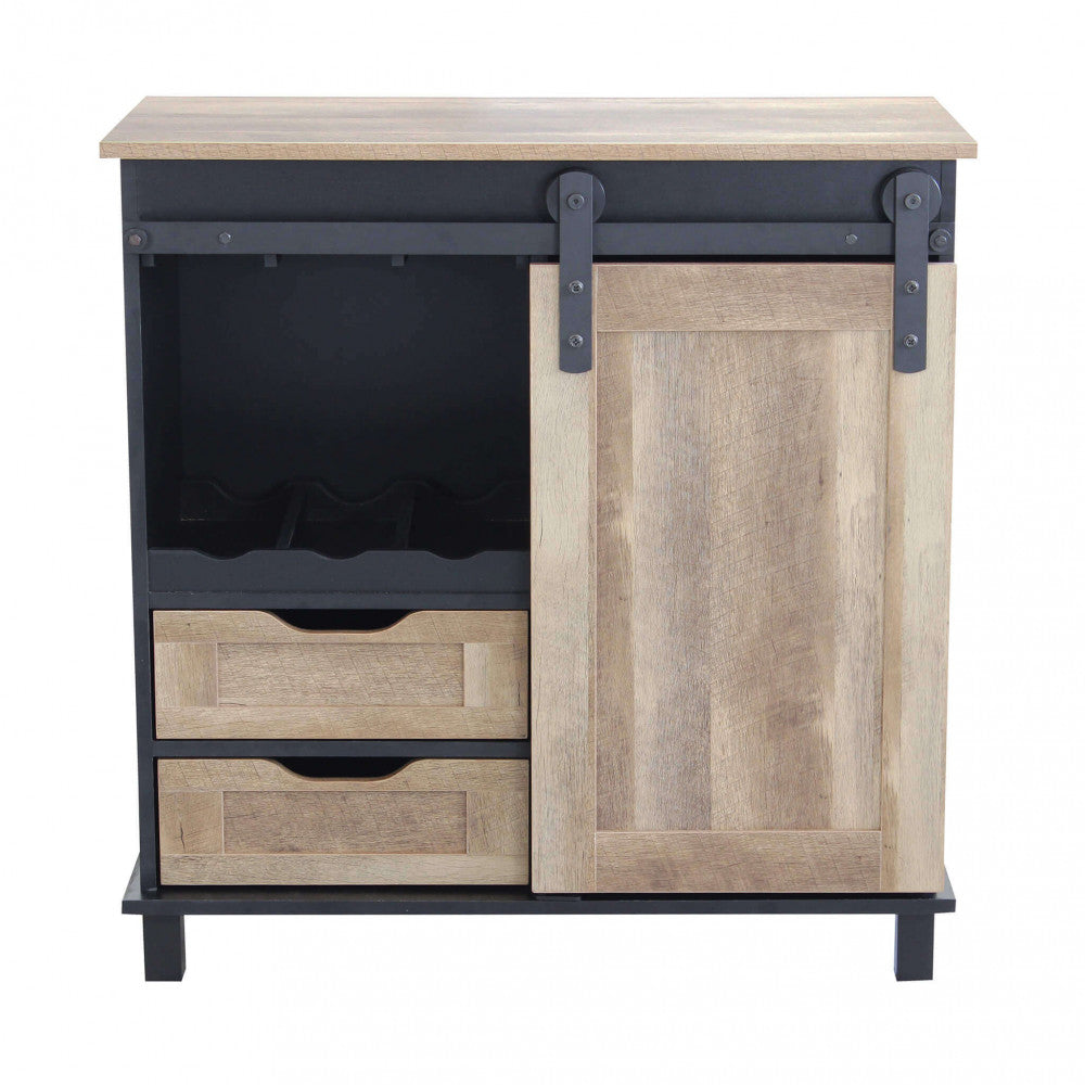 Vista Frontale Mobile Yvan credenza in legno marrone e struttura in acciaio nero, stile industriale con cassetti e anta scorrevole | Albert Stock