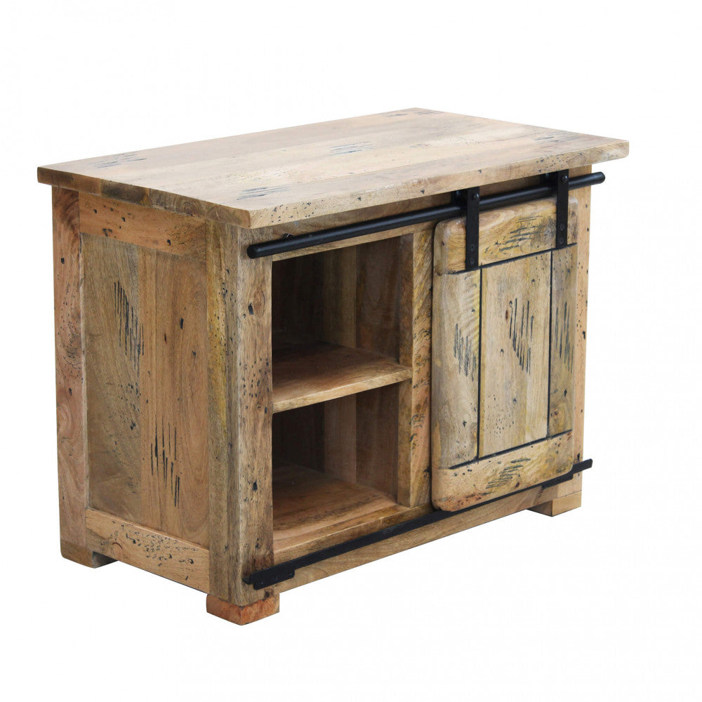 Vista laterale con Anta scorrevole del Porta TV Vaughan in legno di mango colore marrone, con anta scorrevole, ideale per un soggiorno moderno e compatto | Albert Stock