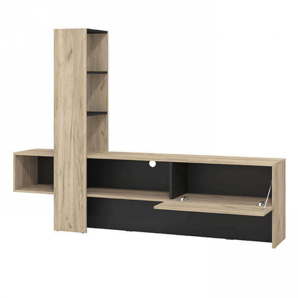 Vista laterale vano interno del Porta TV Orense in rovere grigio e nero, con design alto e moderno, ideale per un soggiorno elegante e organizzato | Albert Stock