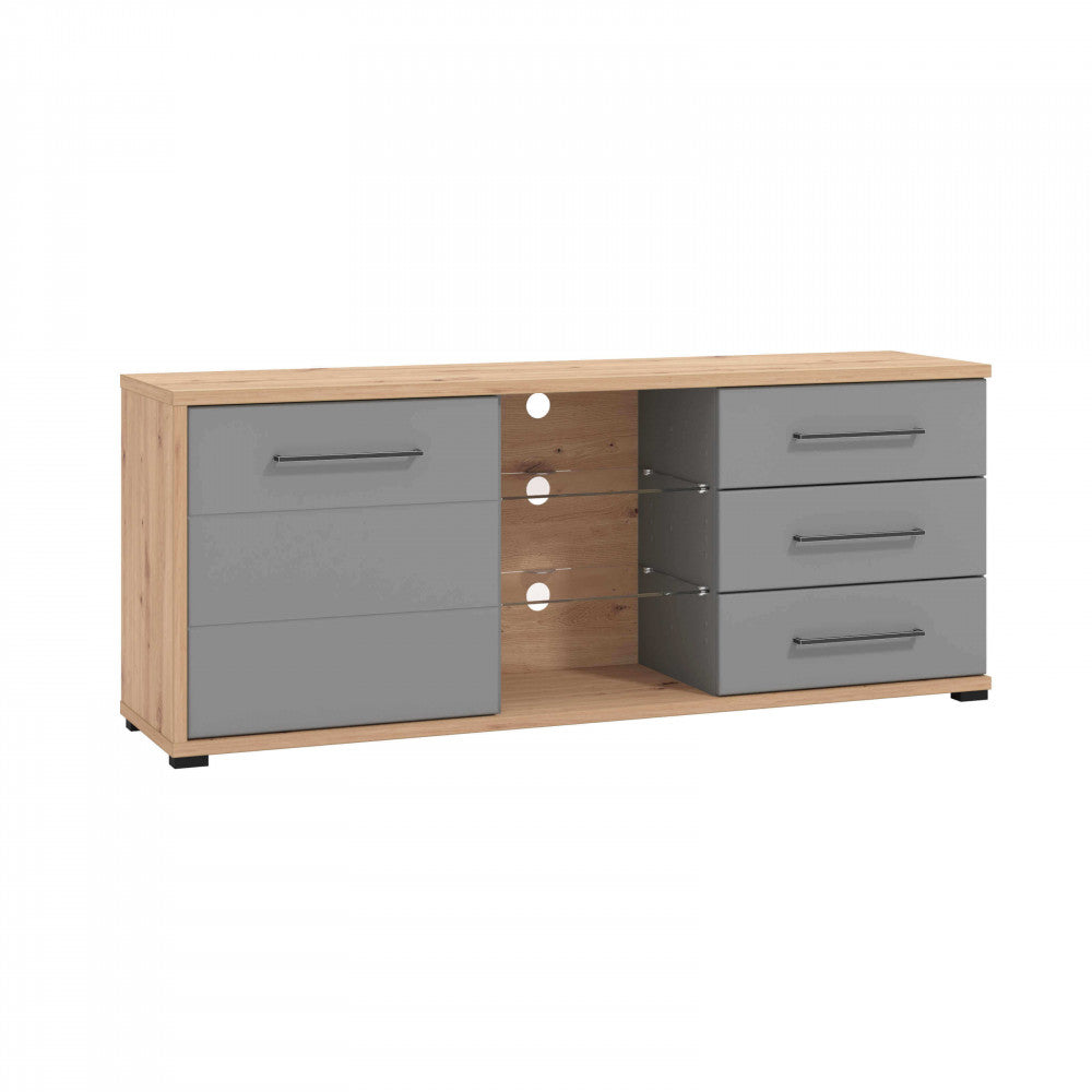 Vista laterale del TV Mensola Lisabon in rovere artigiano e grigio grafite, con design moderno e compatto, ideale per un soggiorno elegante e funzionale | Albert Stock