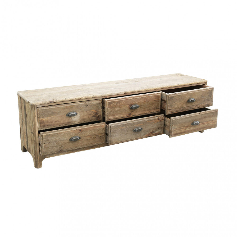 Vista laterale del Primo piano dei sei cassetti allineati del Porta TV Godfrey, che mostrano la texture del legno riciclato e le maniglie discrete | Albert Stock