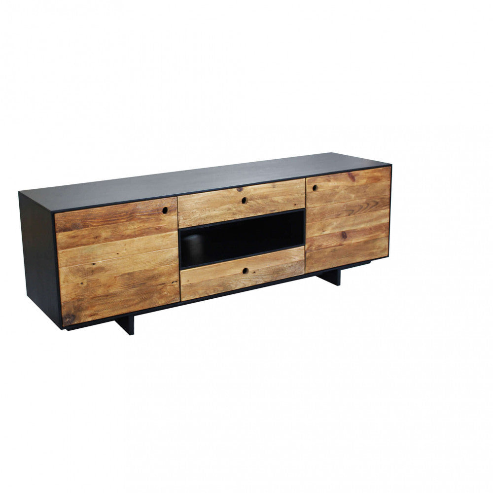 Vista Laterale Porta TV Edgar in pino riciclato colore marrone naturale e nero, con design robusto ed elegante, ideale per televisori di grandi dimensioni nel soggiorno | Albert Stock