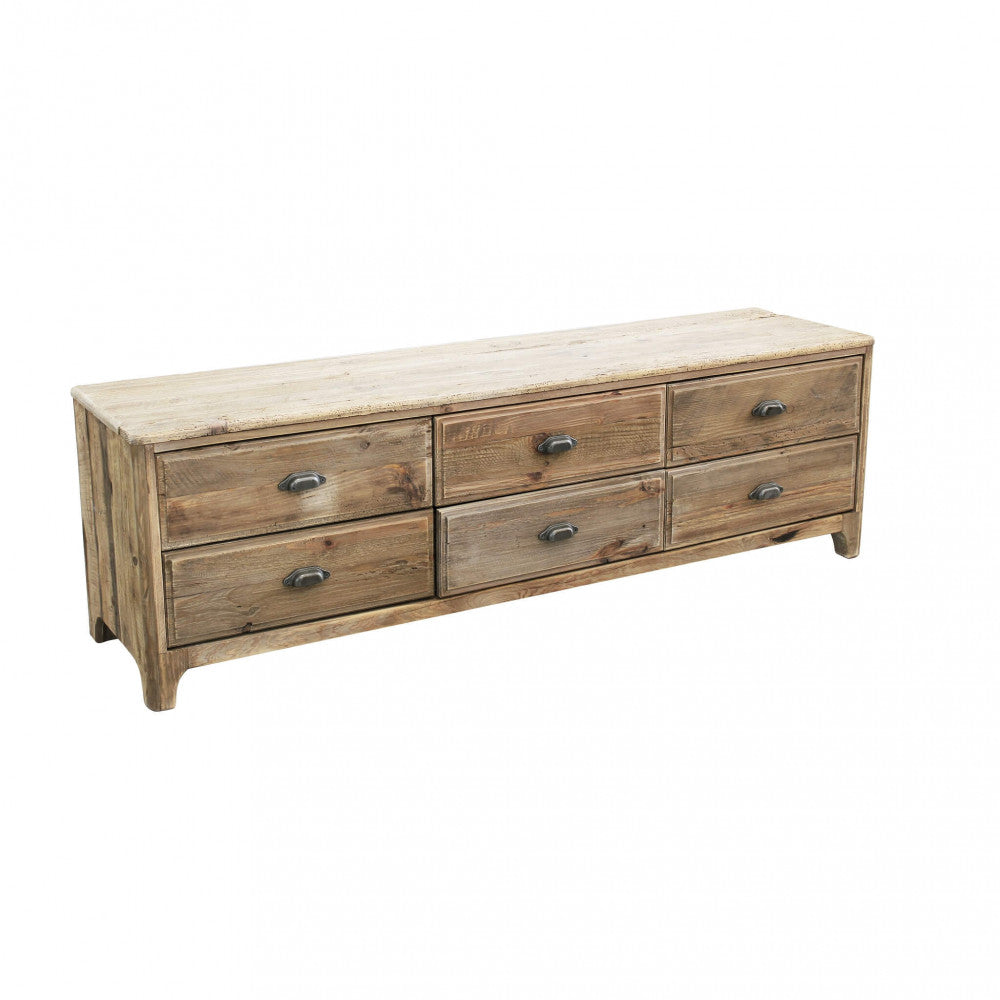 Vista laterale del Porta TV Godfrey in pino riciclato colore marrone, con design robusto e sei ampi cassetti, ideale per televisori di grandi dimensioni nel soggiorno | Albert Stock