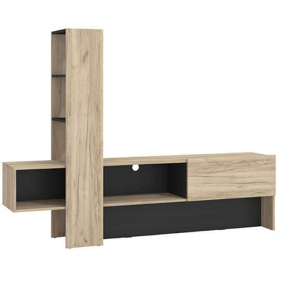 Vista laterale del Porta TV Orense in rovere grigio e nero, con design alto e moderno, ideale per un soggiorno elegante e organizzato | Albert Stock