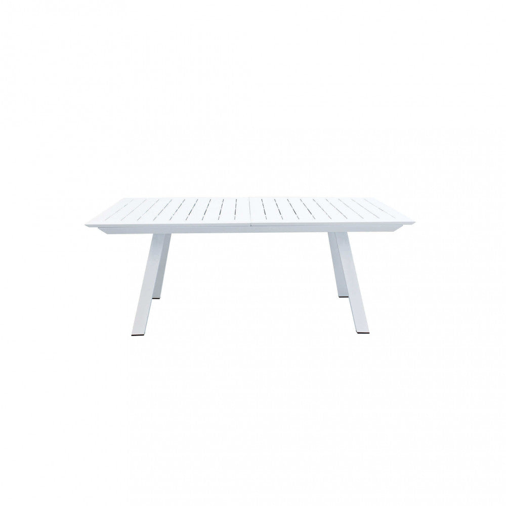 Vista Laterale del Tavolo da giardino Zante allungabile 200/300x110 cm in alluminio color bianco, ideale per grandi spazi esterni | Albert Stock