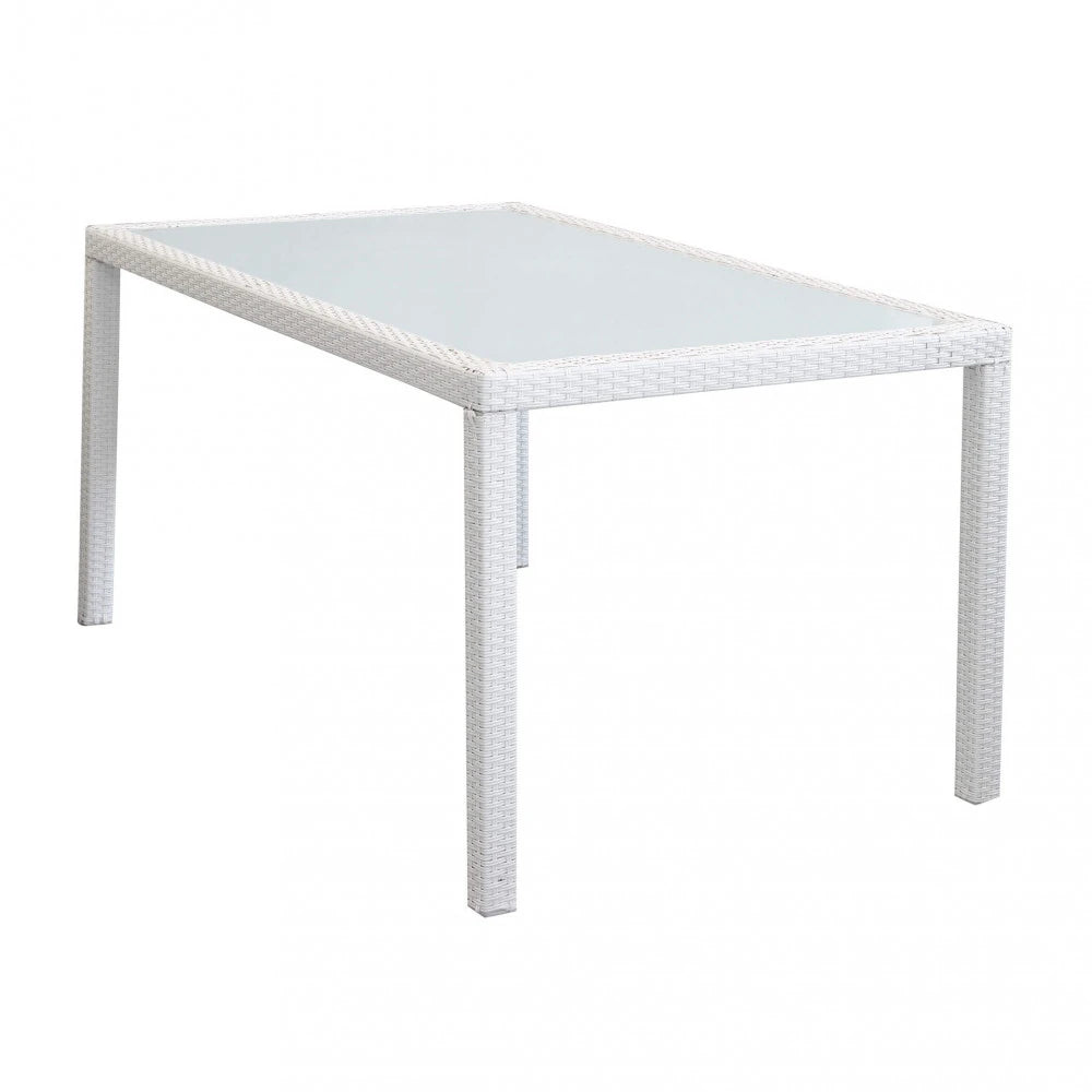 Tavolo da pranzo Azore 150x90 Bianco, struttura in alluminio rivestita in polyrattan e piano in vetro temperato.