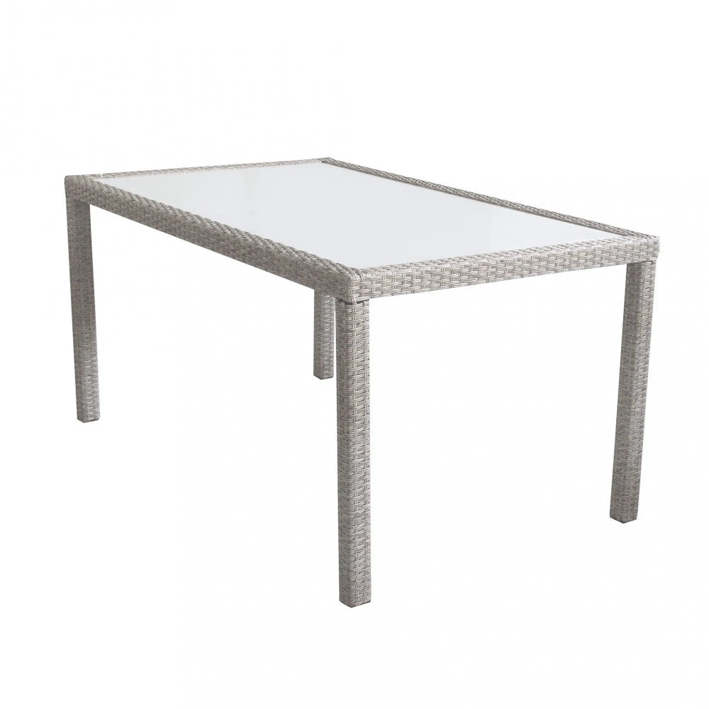 Tavolo da pranzo Azore 150x90 Grigio Chiaro, struttura in alluminio rivestita in polyrattan e piano in vetro temperato.