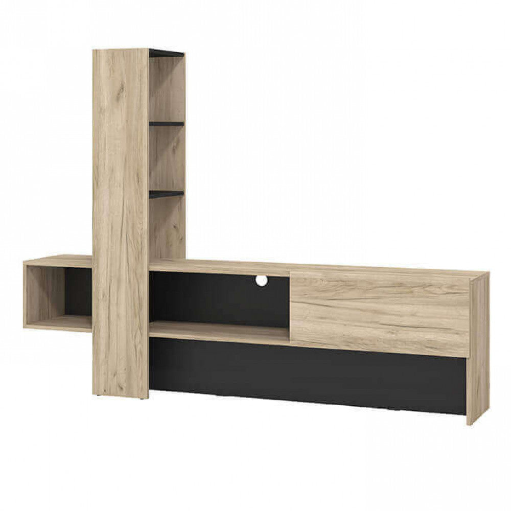 Vista frontale del Porta TV Orense in rovere grigio e nero, con design alto e moderno, ideale per un soggiorno elegante e organizzato | Albert Stock