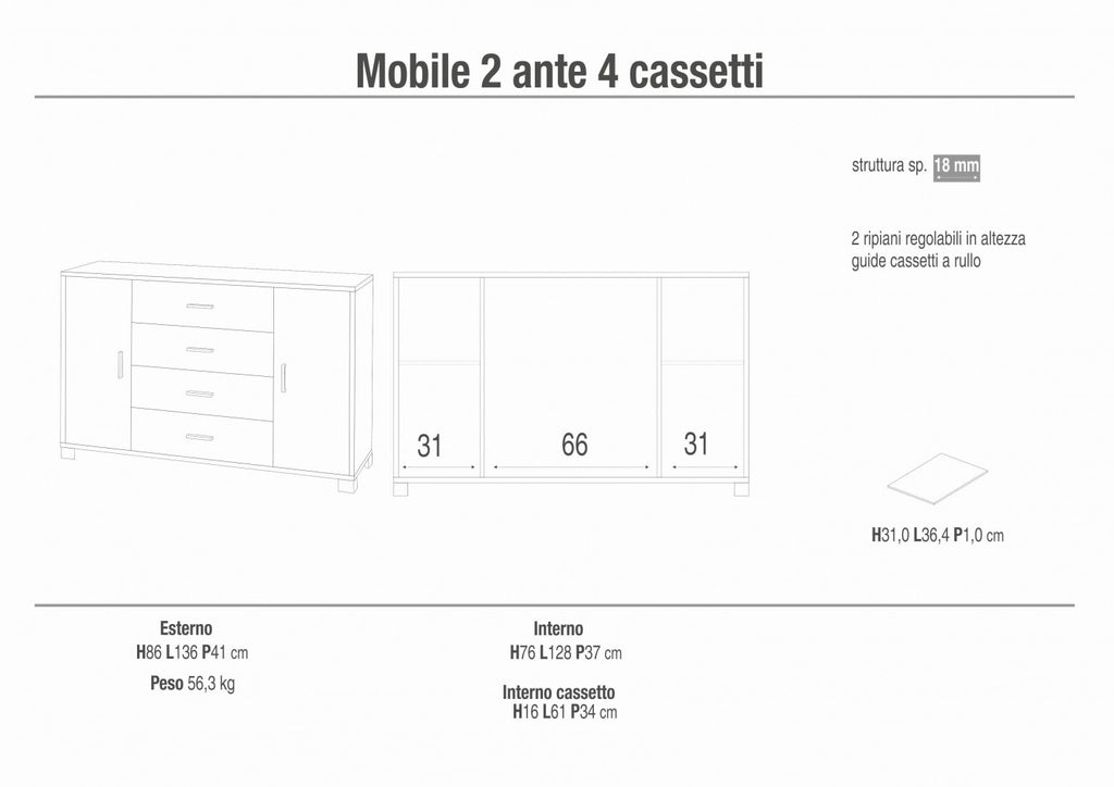 MOBILE 2 ANTE 4 CASSETTI - KIT NOCE STELVIO E OSSIDO BIANCO