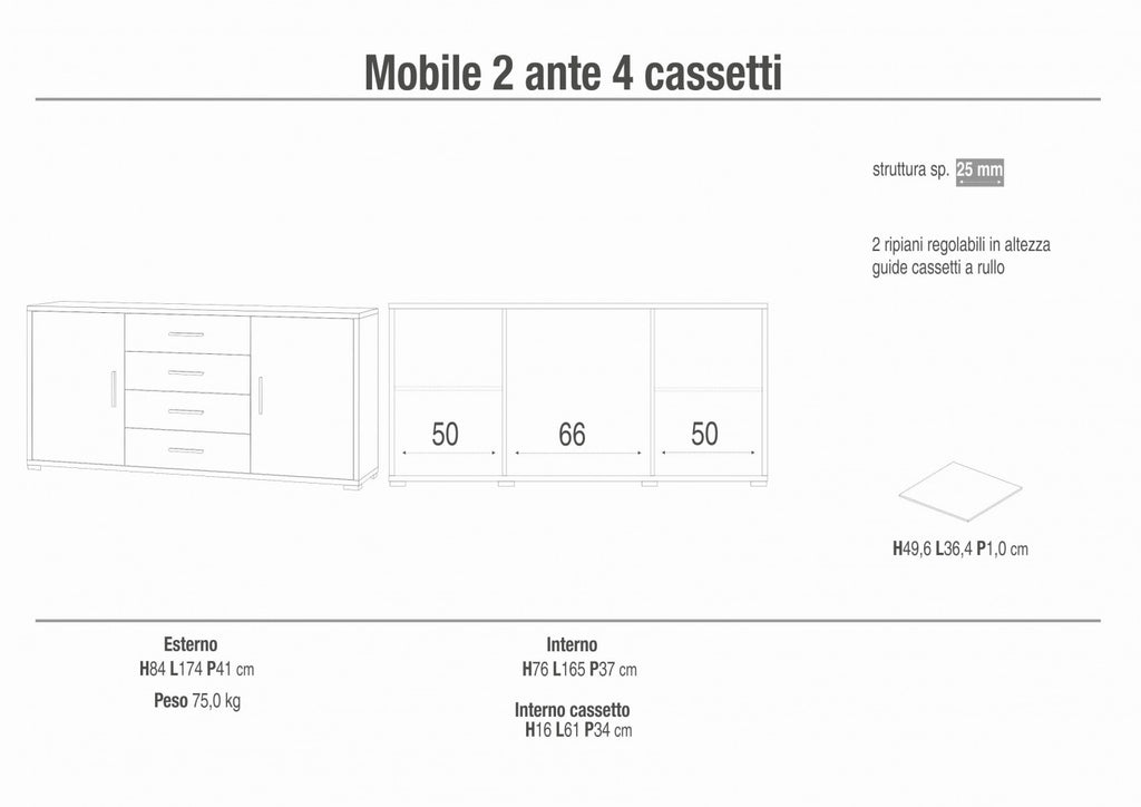 MOBILE 2 ANTE 4 CASSETTI KIT NOCE STELVIO E OSSIDO BIANCO